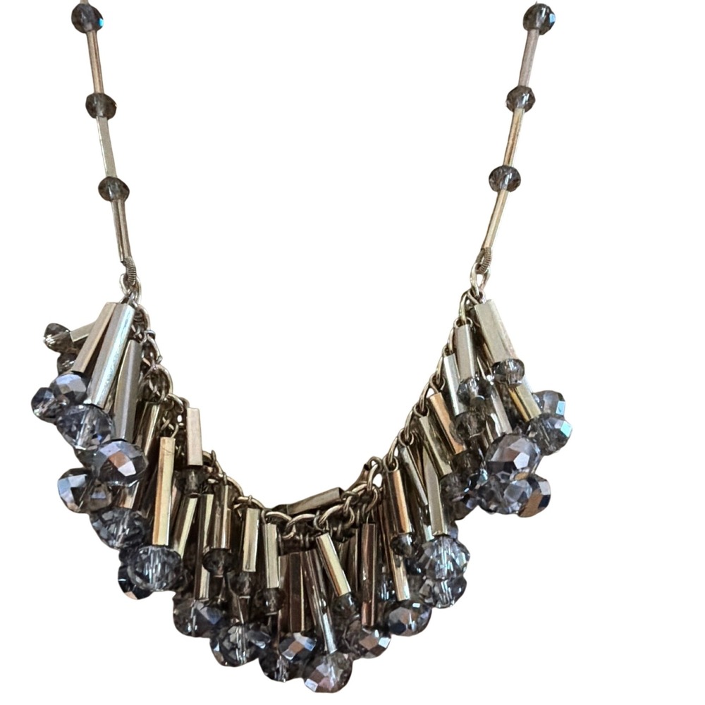 Loft Statement Bib Necklace Smoky Gray Crystal Silver Tone Bar Fringe Layering